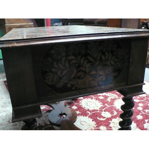 54 - An 18thC Dutch marquetry table with single drawer having decoration of birds, flowers, vases in box ... 