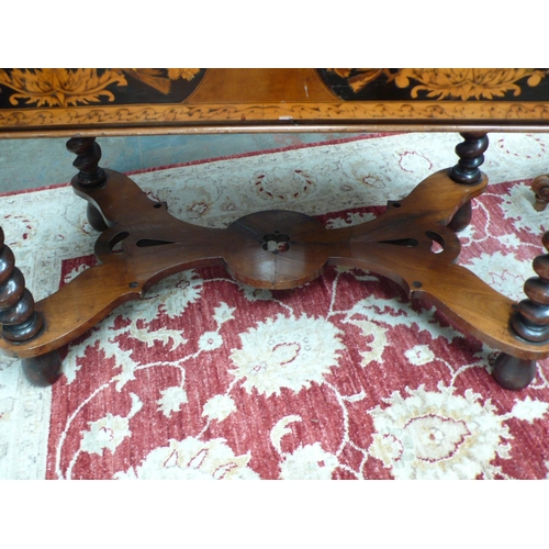 54 - An 18thC Dutch marquetry table with single drawer having decoration of birds, flowers, vases in box ... 