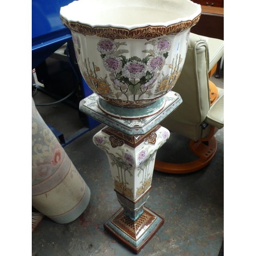 59 - A pottery Jardinere and pedestal in the Art Nouveau style - Jardinere damaged and repaired - height ... 