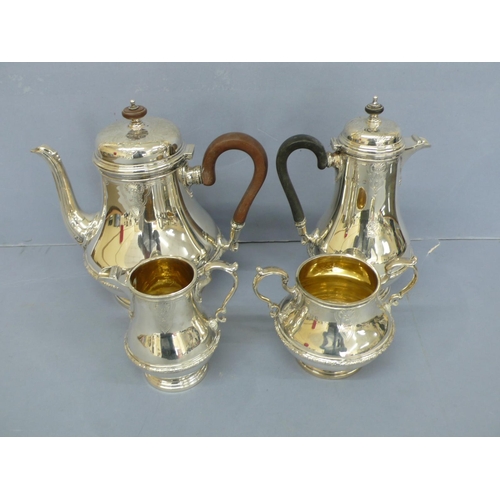 6 - A George V four piece silver coffee service with engraved decoration and belted body on raised circu... 