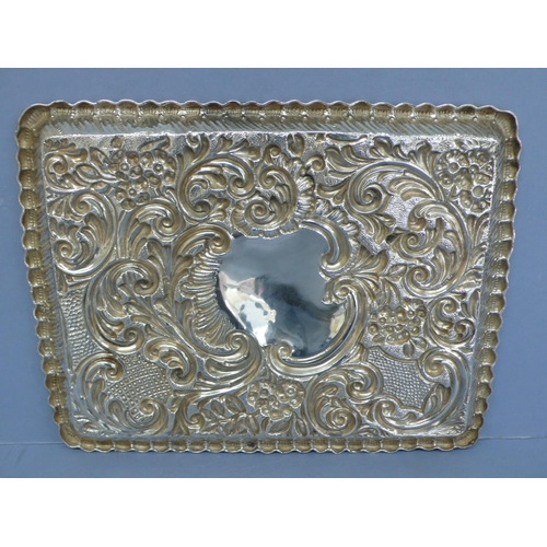 7 - Late Victorian chased silver tray with C scroll, floral and shell decoration, Birmingham 1900, maker... 