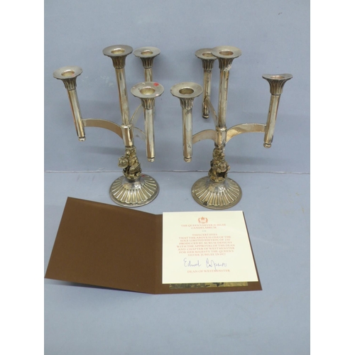 282 - Pair of Queen's Jubilee silver four branch candelabra Ltd 119/250 & 145/250 (one with certificate), ... 