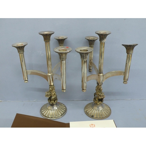 282 - Pair of Queen's Jubilee silver four branch candelabra Ltd 119/250 & 145/250 (one with certificate), ... 