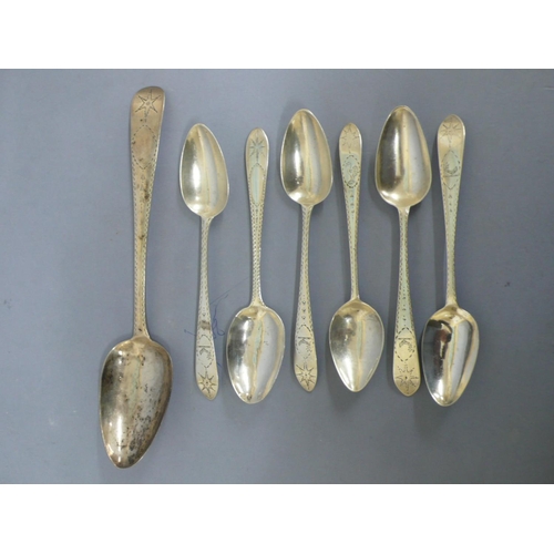 288 - Six Irish GIII and later silver pudding spoons and a serving spoon Dublin 1789, 95, 98, 1803 & 1903,... 