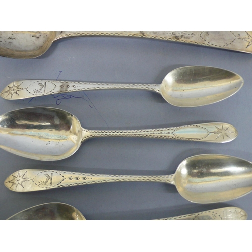 288 - Six Irish GIII and later silver pudding spoons and a serving spoon Dublin 1789, 95, 98, 1803 & 1903,... 