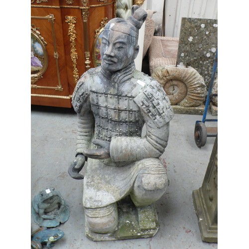 218 - A terracotta statue of a samurai warrior knealing - height 45 ins approx