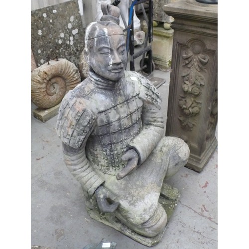 218 - A terracotta statue of a samurai warrior knealing - height 45 ins approx