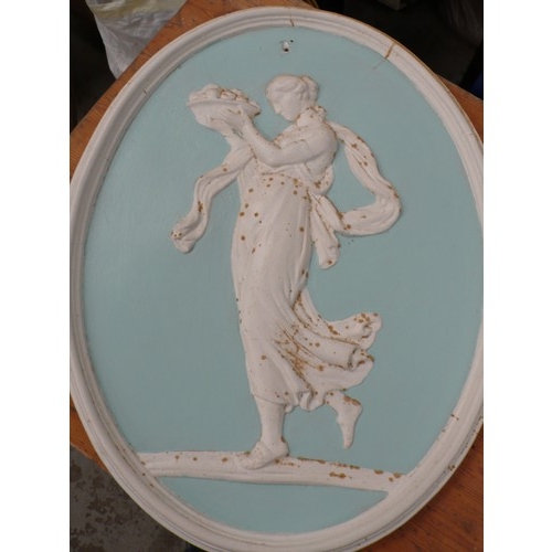 231 - Pair of wedgwood style oval plaster wall panels of classical figures, height 25.5ins