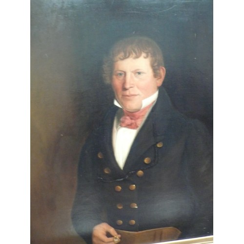 315 - 19thC English School, half portrait of a gentleman wearing a pink cravat, oil on canvas, 30x25ins