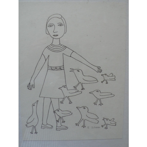 46 - Eileen Schaer, Lady with Birds, pen & ink, signed, 7.5x5.5ins