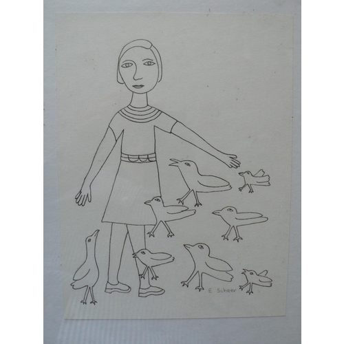 46 - Eileen Schaer, Lady with Birds, pen & ink, signed, 7.5x5.5ins