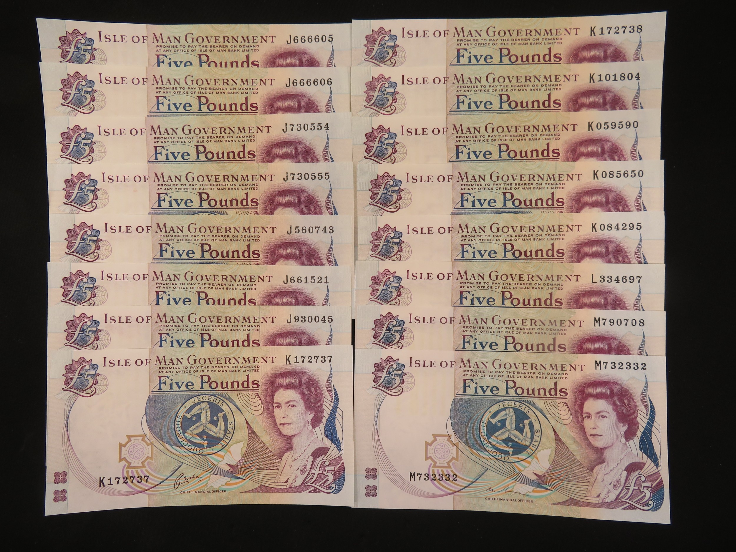 Sixteen Isle of Man Government £5 notes - J, K, L & M numbers, Cashen etc