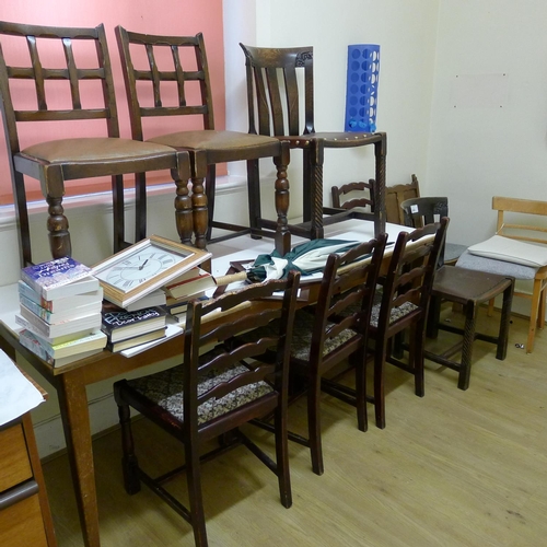 243 - A quantity of miscellaneous furniture including two desks,  a table and 10 chairs (located in kitche... 