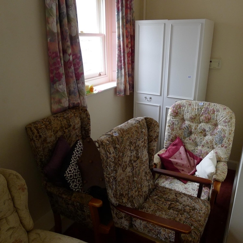 43 - A quantity of misc general bedroom furniture including; three tapestry upholstered easy chairs, a re... 