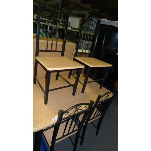 114 - A modern black metal framed rectangular kitchen table with a wood grained finished top and a set of ... 