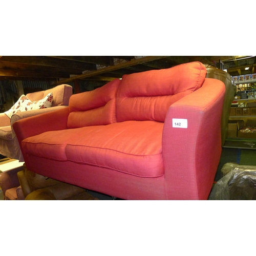 142 - 1 red fabric upholstered 3 person sofa