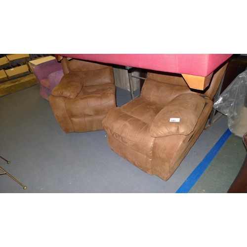 143 - A brown upholstered two part two person sofa - both seats are recliners