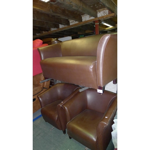 144 - A brown upholstered two person sofa and 2 matching tub type chairs