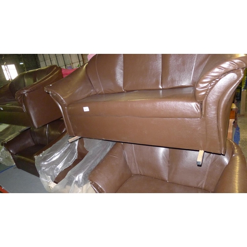 157 - A brown upholstered three piece suite comprising of 1 x 3 seat sofa, 1 x 2 seat sofa and 1 arm chair