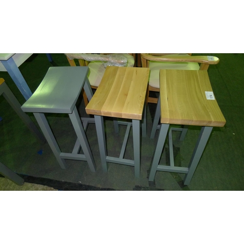 174 - 3 grey painted stools - 1 with grey seat pad and 2 with wooden seat pads