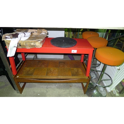 66 - A quantity of various items including a tile top coffee table, 3 stools, 2 radiators etc