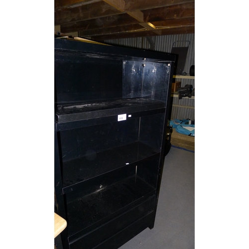 115 - 1 black open shelf unit with 2 drawers beneath