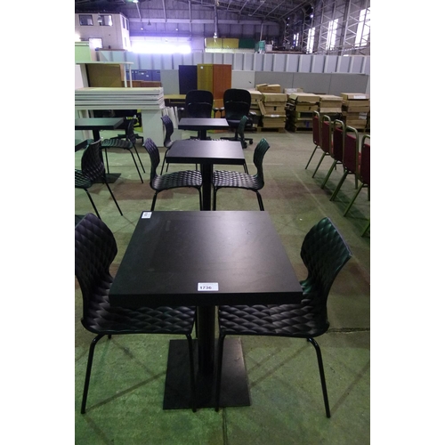 1736 - Two black square cafe type tables and 6 black plastic stacking chairs