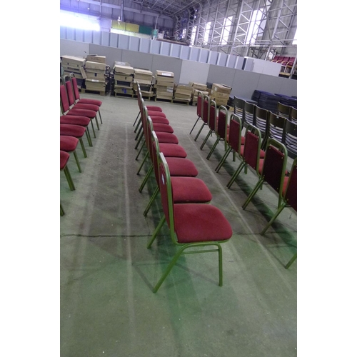 1738 - 9 red upholstered metal framed stacking banqueting chairs