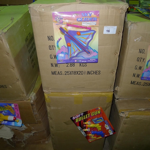 16 - 2 boxes containing toys - sky gliders and soft bullet guns