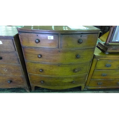 705 - Victorian mahogany bow front chest of two short and three long drawers with turned knobs