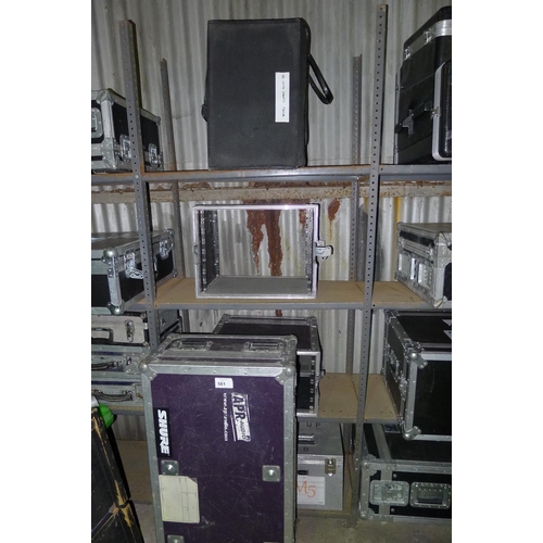 581 - 5 various small flight cases. Contents of 1 bay / 4 shelves plus 1 on floor in front