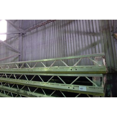 587 - 2 x alloy stage decks by Litestructures type Litedeck each approx 2.44m x 1.22m