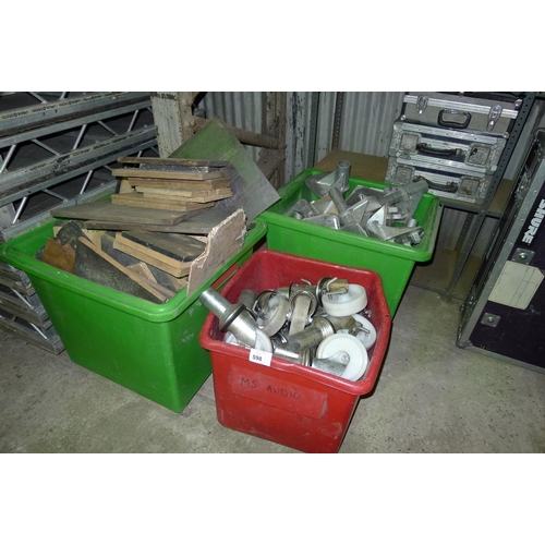 598 - 3 wheeled plastic containers containing various casters wheels, deck joiners, foot plates etc