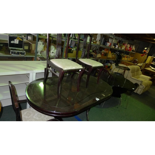 109 - 1 dark wood oval dining table with glass cover and 6 dining chairs