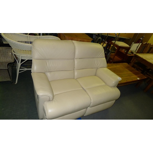 112 - A cream upholstered two person sofa - both seats are manual recliners