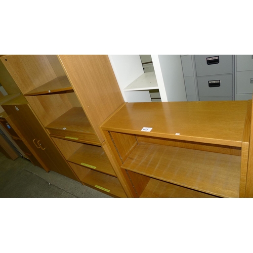 1114 - 3 various low wood effect open front shelf units