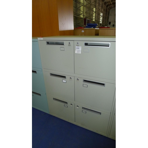 1157 - 1 grey metal six person personnel locker with post slot doors and supplied with all keys