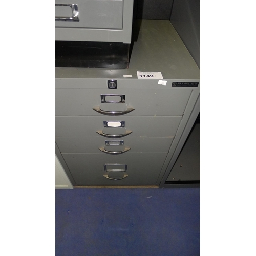 1149 - 1 small grey metal 4 drawer filing cabinet (3 drawers are the same size and the bottom drawer is dee... 