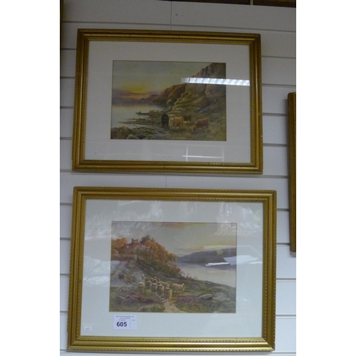 605 - A pair of gilt framed rural prints with cattle and sheep