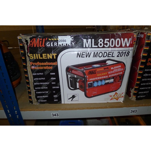 2086 - 1 petrol engine generator by Mil type ML8500W, 2018 model - Please note this generator is designed i... 