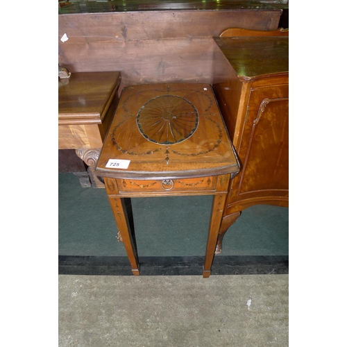 725 - A marquetry inlaid circular top drop leaf occasional table with a small drawer on tapered legs