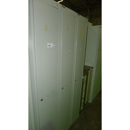 1064 - 3 grey metal single person personnel  lockers supplied with all keys