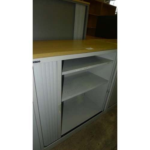 1068 - 1 grey metal medium height shutter front cabinet with wood effect top