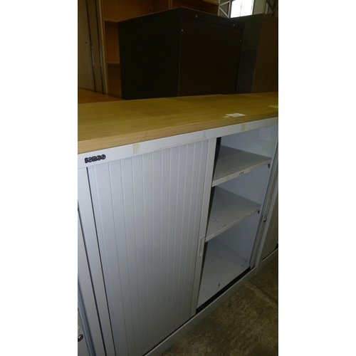 1069 - 1 grey metal medium height shutter front cabinet with wood effect top