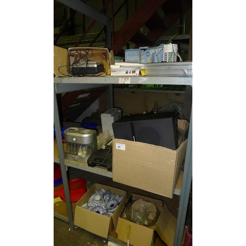 85 - A quantity of various items including 2 speakers, a record player, a Kodak printer, crockery etc. Co... 