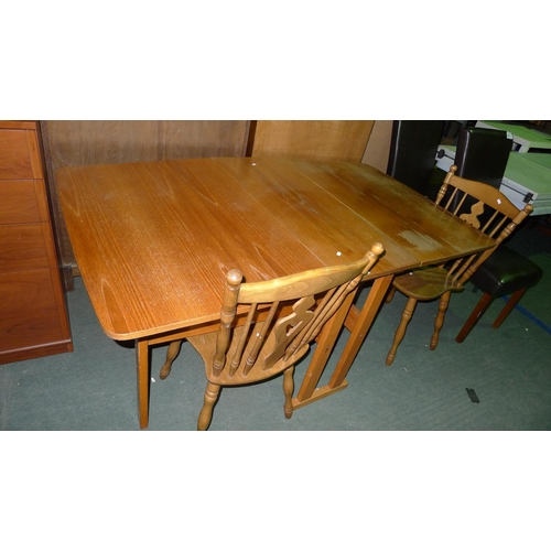 96 - 1 wood effect drop leaf table and 2  non matching dining chairs