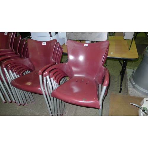 1686 - 10 burgundy plastic metal framed stacking chairs