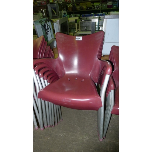 1687 - 8 burgundy plastic metal framed stacking chairs