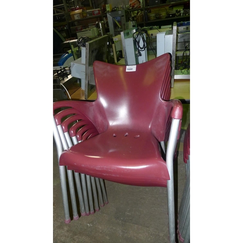 1688 - 8 burgundy plastic metal framed stacking chairs