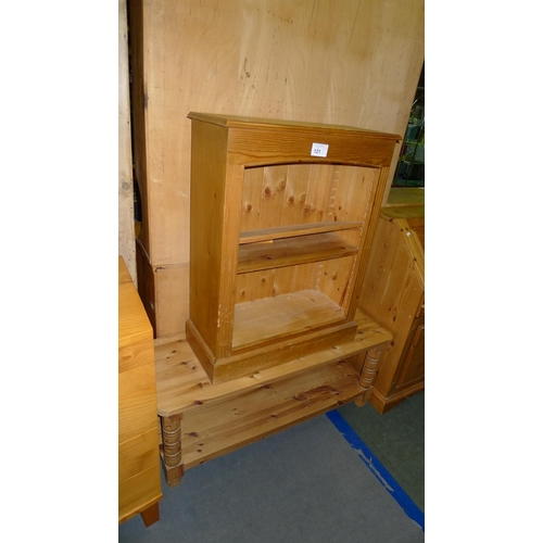 121 - 1 low pine bookcase with adjustable shelves and 1 pine coffee table